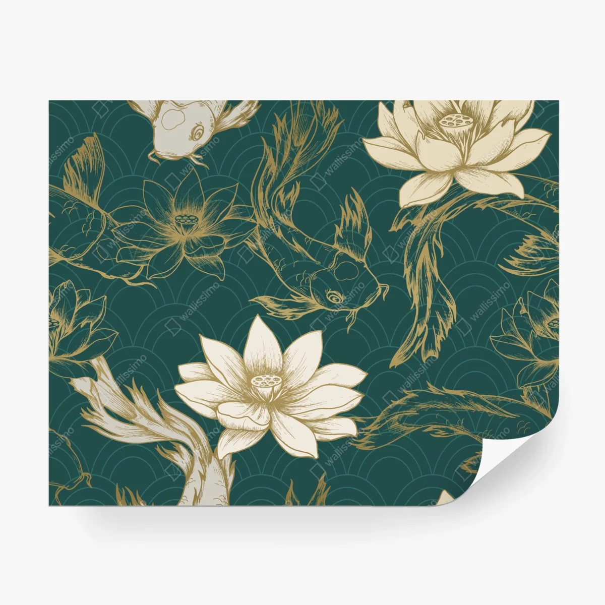 Fototapete orientalisches koi- und lotosmuster in türkis und gold – Wallnifity®