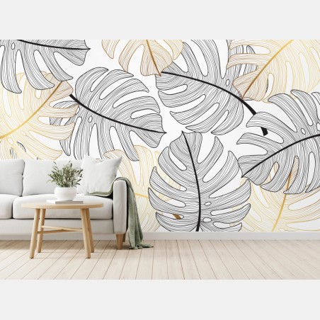 Fototapete monstera-blattmuster mit goldakzenten – Wallnifity®