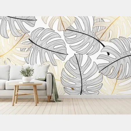 Fototapete monstera-blattmuster mit goldakzenten – Wallnifity®