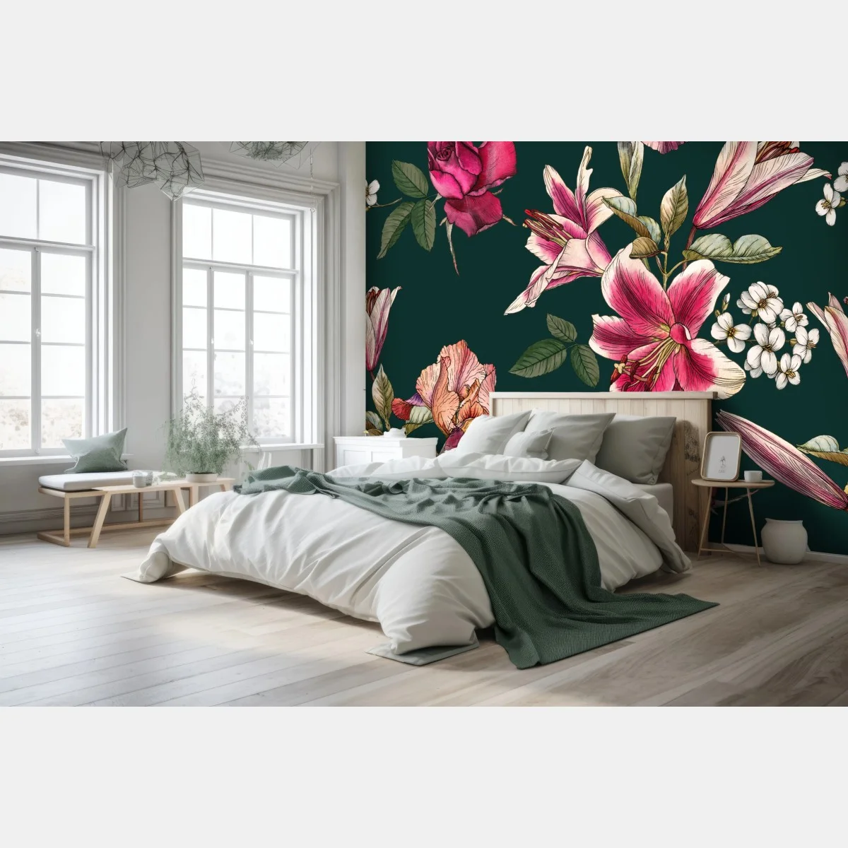 Fototapete vintage botanisches floralmuster auf tiefgrün – Wallnifity® Fototapete vintage botanisches floralmuster auf tiefgrün – Wallnifity®