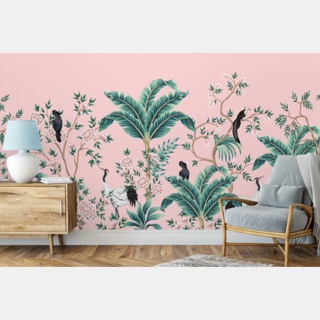 Fototapete pastell tropisches botanisches muster mit kranichen – Wallnifity®