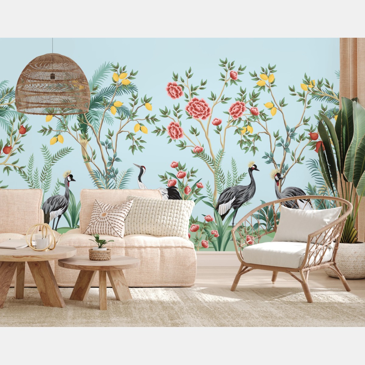 Fototapete eleganter kranichgarten mit blüten – Wallnifity®