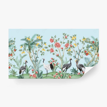 Fototapete eleganter kranichgarten mit blüten – Wallnifity®