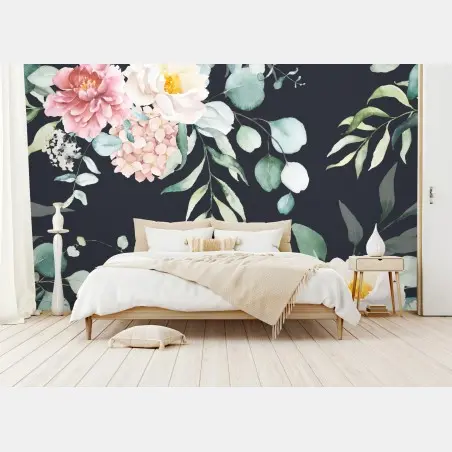 Fototapete elegantes aquarell-blumenmuster auf dunklem hintergrund – Wallnifity®