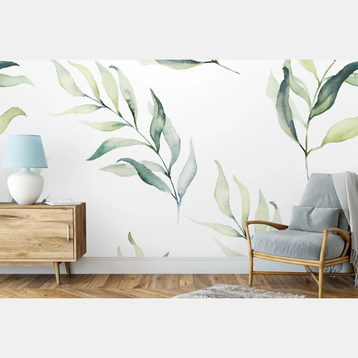 Fototapete sanftes aquarellmuster mit eukalyptusblättern – Wallnifity® Fototapete sanftes aquarellmuster mit eukalyptusblättern – Wallnifity®