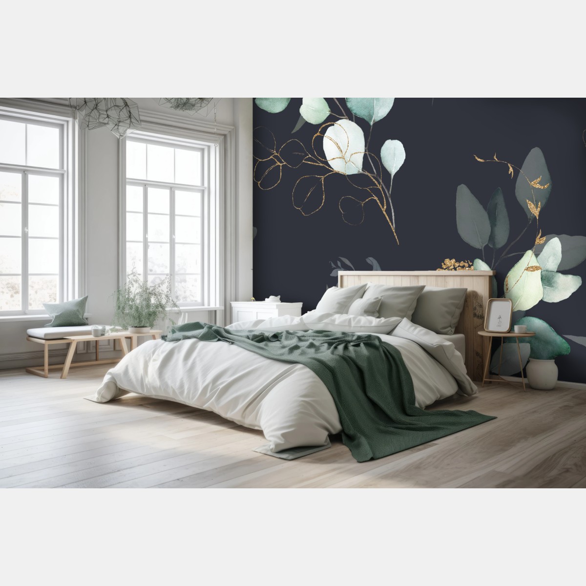 Fototapete eukalyptus aquarellblätter auf dunklem hintergrund – Wallnifity®