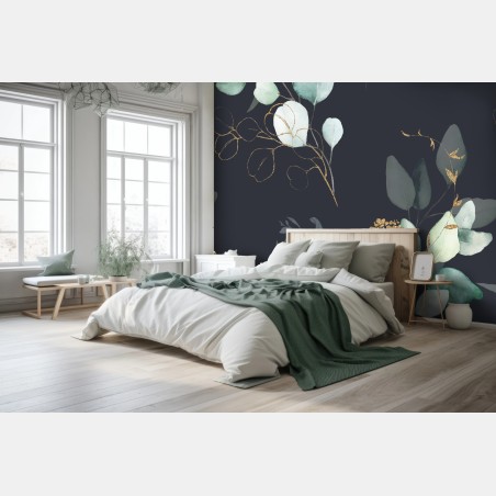 Fototapete eukalyptus aquarellblätter auf dunklem hintergrund – Wallnifity®