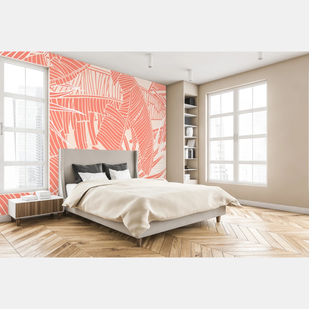Fototapete korallenfarbenes tropisches blattmuster – Wallnifity®