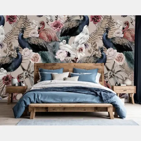 Fototapete aquarellmuster mit vögeln und rosen – Wallnifity®
