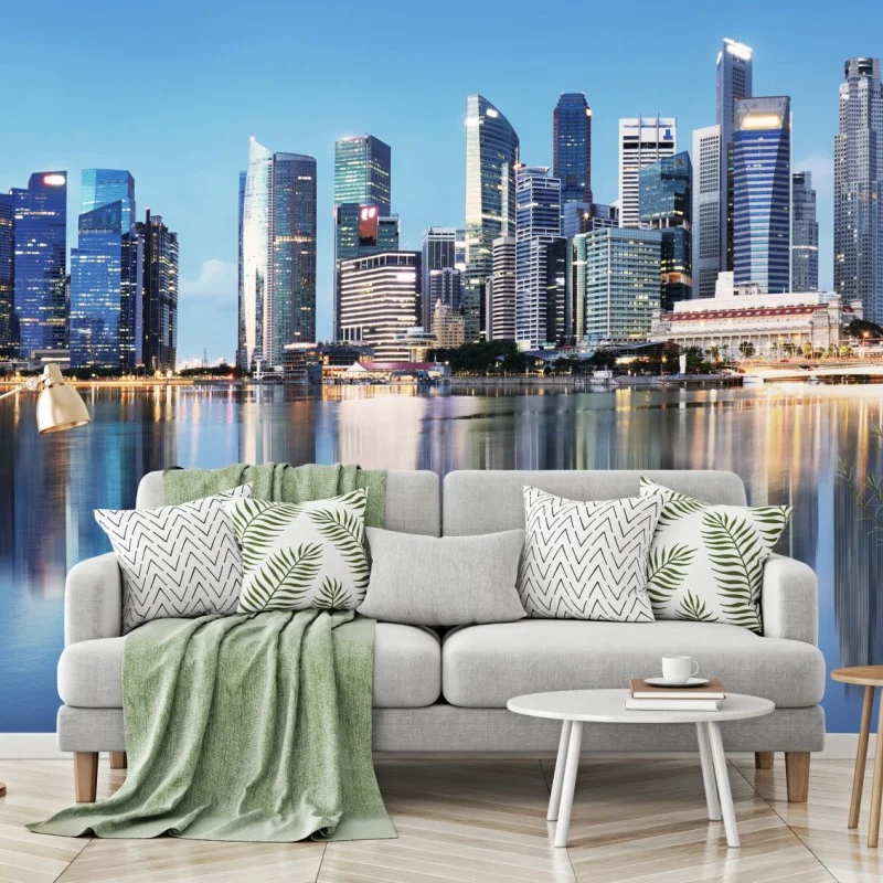 Fototapete moderne stadtskyline gespiegelt im wasser – Wallnifity®