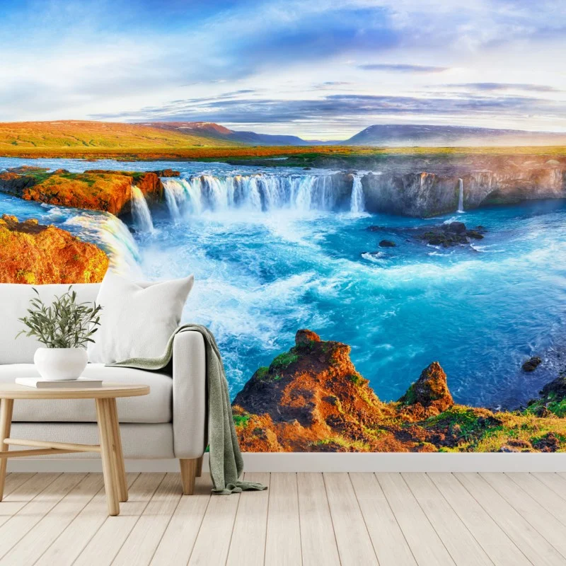 Fototapete panorama des wasserfalls Godafoss bei sonnenaufgang – Wallnifity®