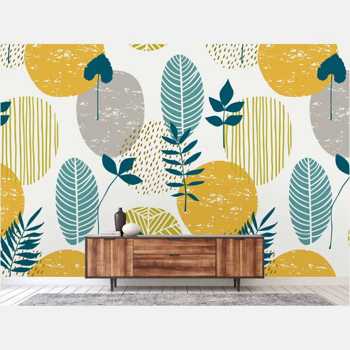 Fototapete türkis-senfgelbes botanisches muster – Wallnifity®