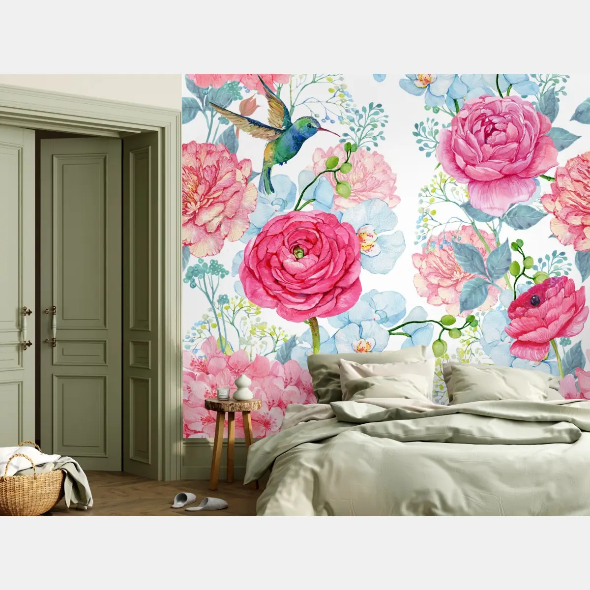 Fototapete rosa aquarell blumengarten mit kolibri – Wallnifity®