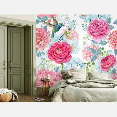 Fototapete rosa aquarell blumengarten mit kolibri – Wallnifity®