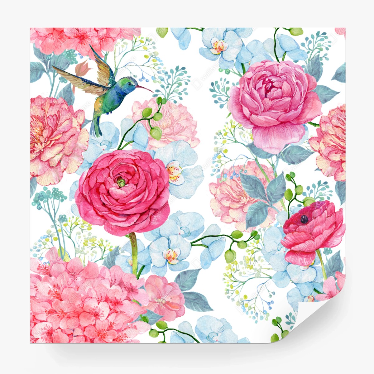 Fototapete rosa aquarell blumengarten mit kolibri – Wallnifity®