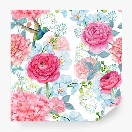 Fototapete rosa aquarell blumengarten mit kolibri – Wallnifity®