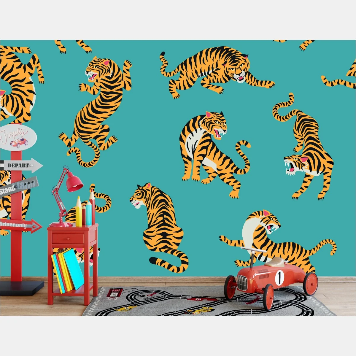 Fototapete stilisiertes tigermuster auf türkisfarbenem hintergrund – Wallnifity® Fototapete stilisiertes tigermuster auf türkisfarbenem hintergrund – Wallnifity®