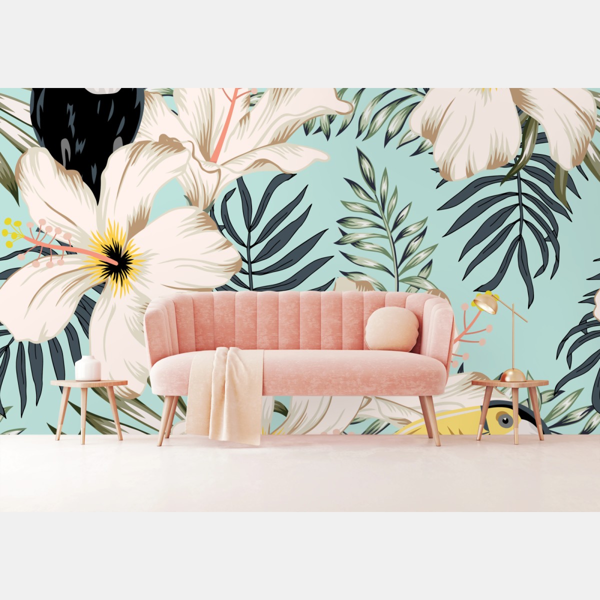 Fototapete tropisches muster mit tukan und blumen – Wallnifity®