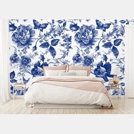 Fototapete blaues blumen toile-muster – Wallnifity®