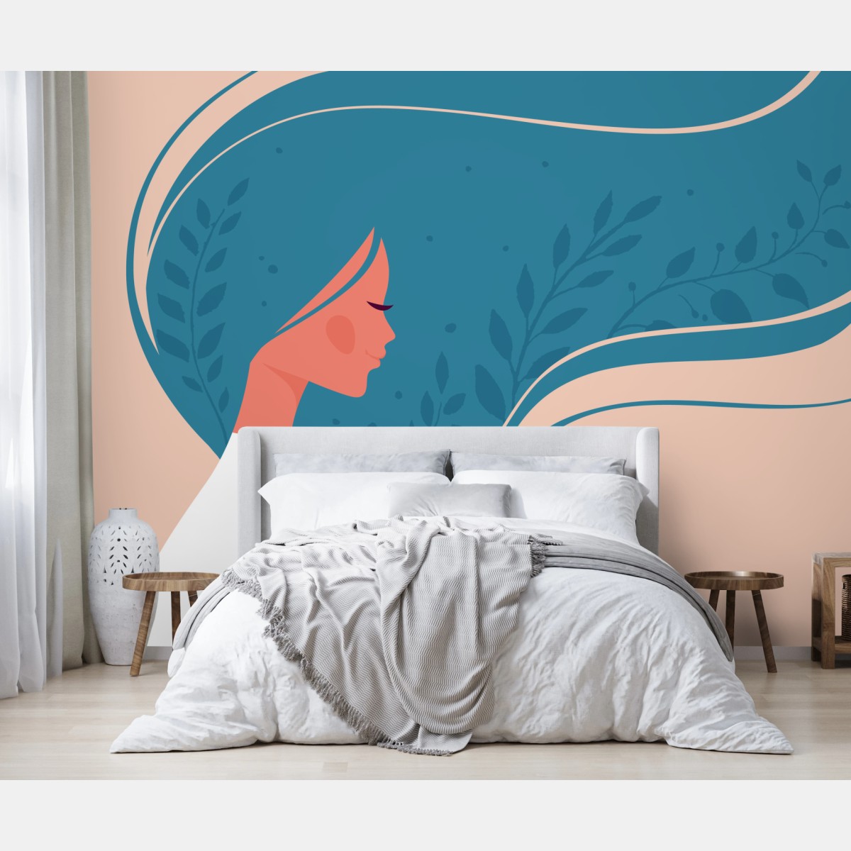Fototapete sanftes blumiges profil mit fließendem haar – Wallnifity®