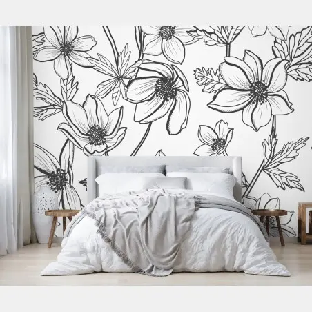 Fototapete botanische linienzeichnung mit blumen – Wallnifity®