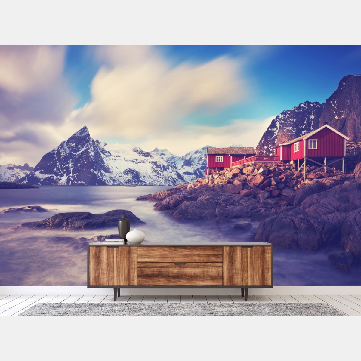 Fototapete küstengebirge mit roten hütten – Wallnifity®