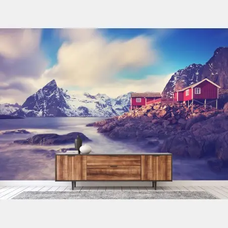 Fototapete küstengebirge mit roten hütten – Wallnifity®