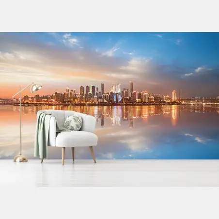Fototapete stadtsilhouette im spiegelbild bei dämmerung – Wallnifity®