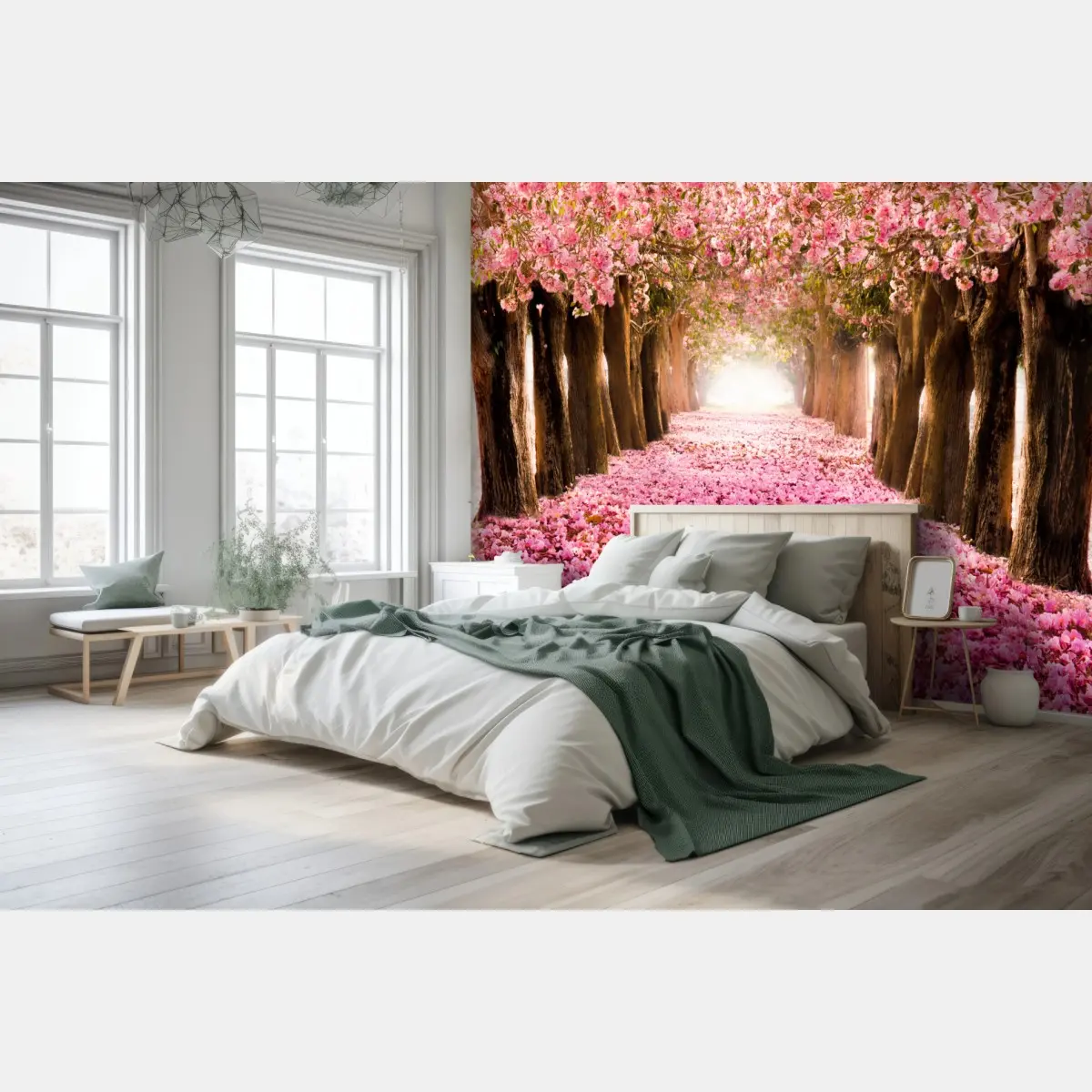 Fototapete rosa blütenallee unter kirschbäumen – Wallnifity®