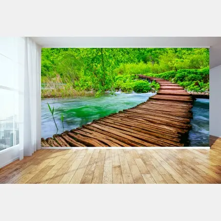 Fototapete ruhiger grüner steg über dem fluss – Wallnifity®