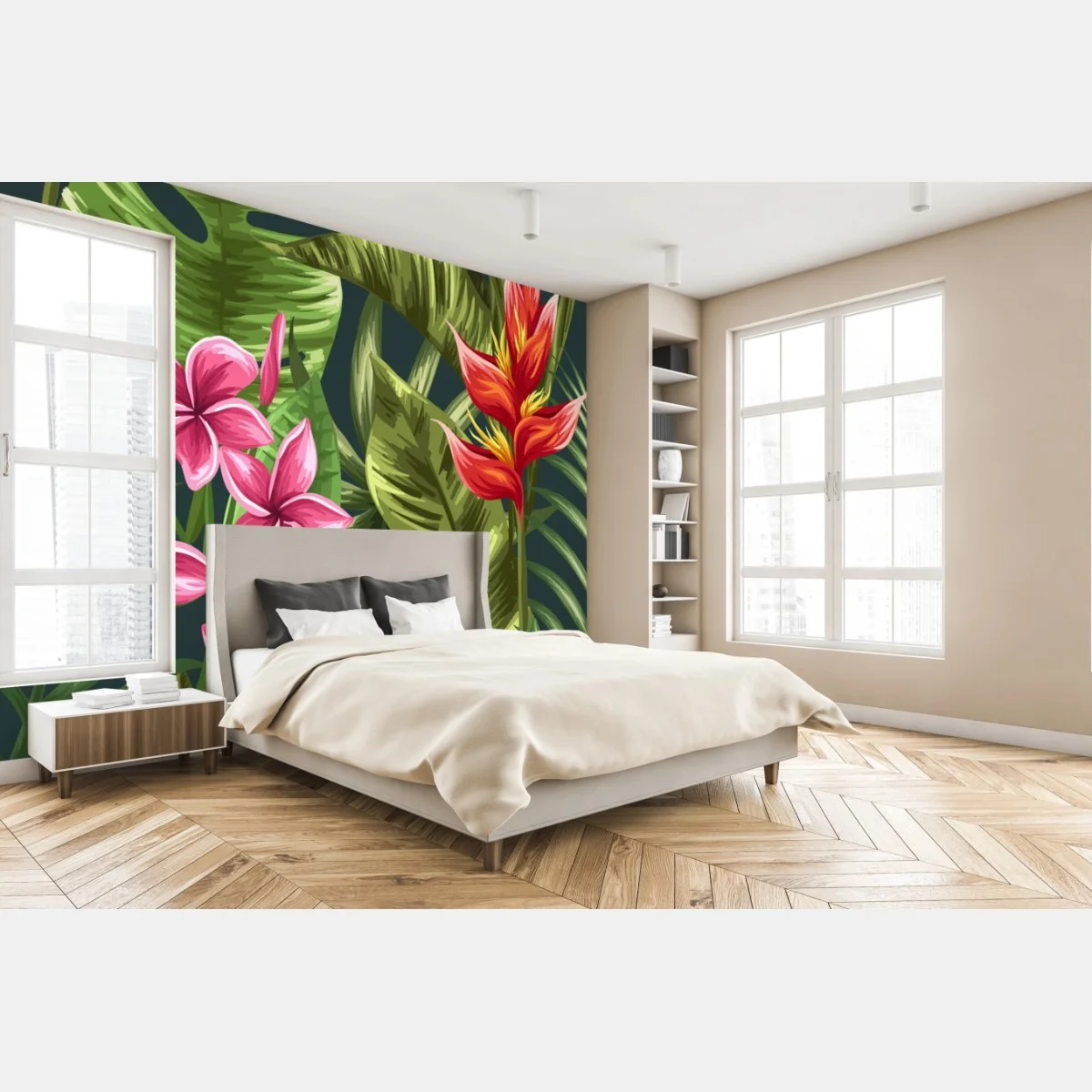 Fototapete tropisches hibiskus- und plumeria-blumenmuster – Wallnifity® Fototapete tropisches hibiskus- und plumeria-blumenmuster – Wallnifity®