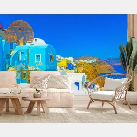 Fototapete sonniger blick auf Oia, Santorini – Wallnifity®
