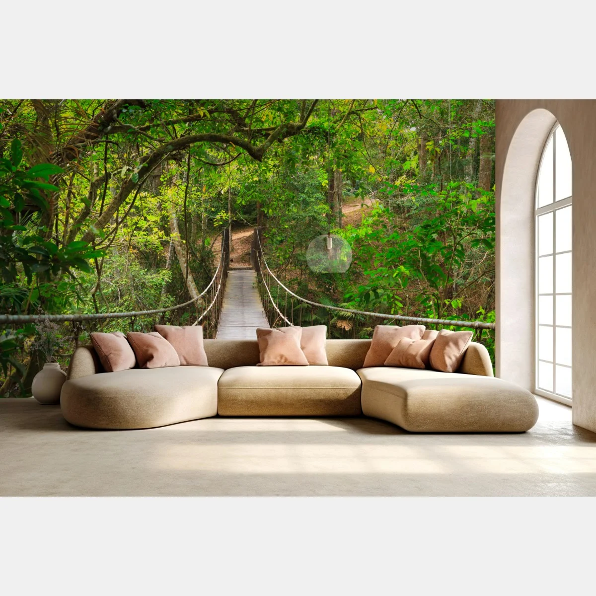 Fototapete hängende holzbrücke im grünen wald – Wallnifity® Fototapete hängende holzbrücke im grünen wald – Wallnifity®