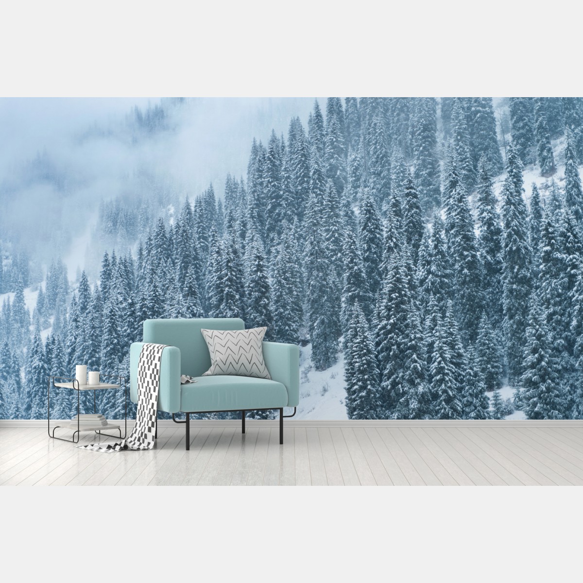Fototapete nebeliger schneebedeckter kiefernwald – Wallnifity®