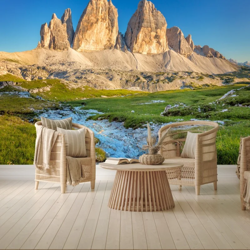 Fototapete Tre Cime di Lavaredo über der alpenwiese – Wallnifity® Fototapete Tre Cime di Lavaredo über der alpenwiese – Wallnifity®