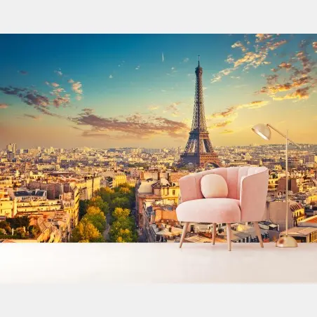 Fototapete sonnenuntergang über Paris skyline mit eiffelturm – Wallnifity®