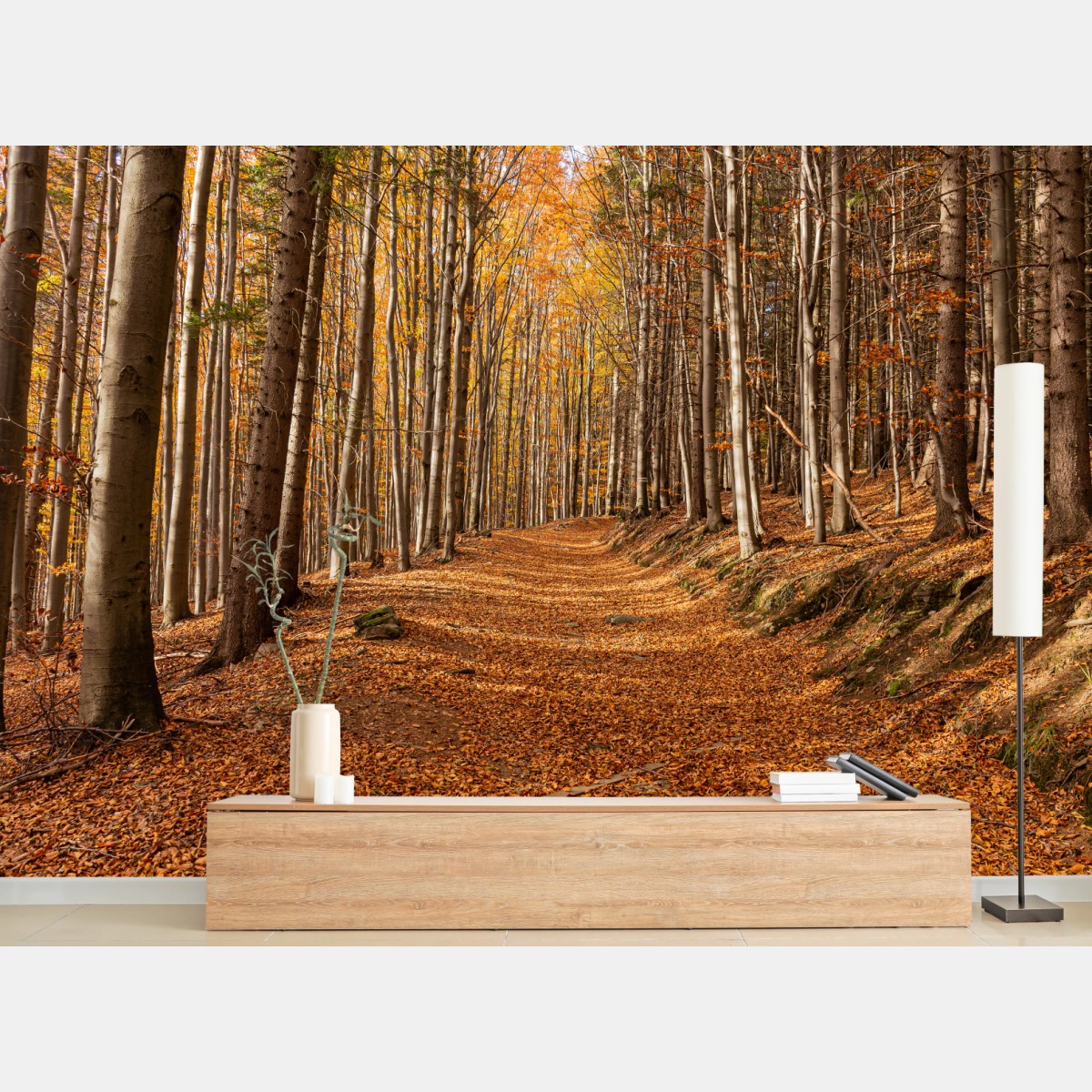 Fototapete herbstlicher waldweg mit goldenen blättern – Wallnifity®