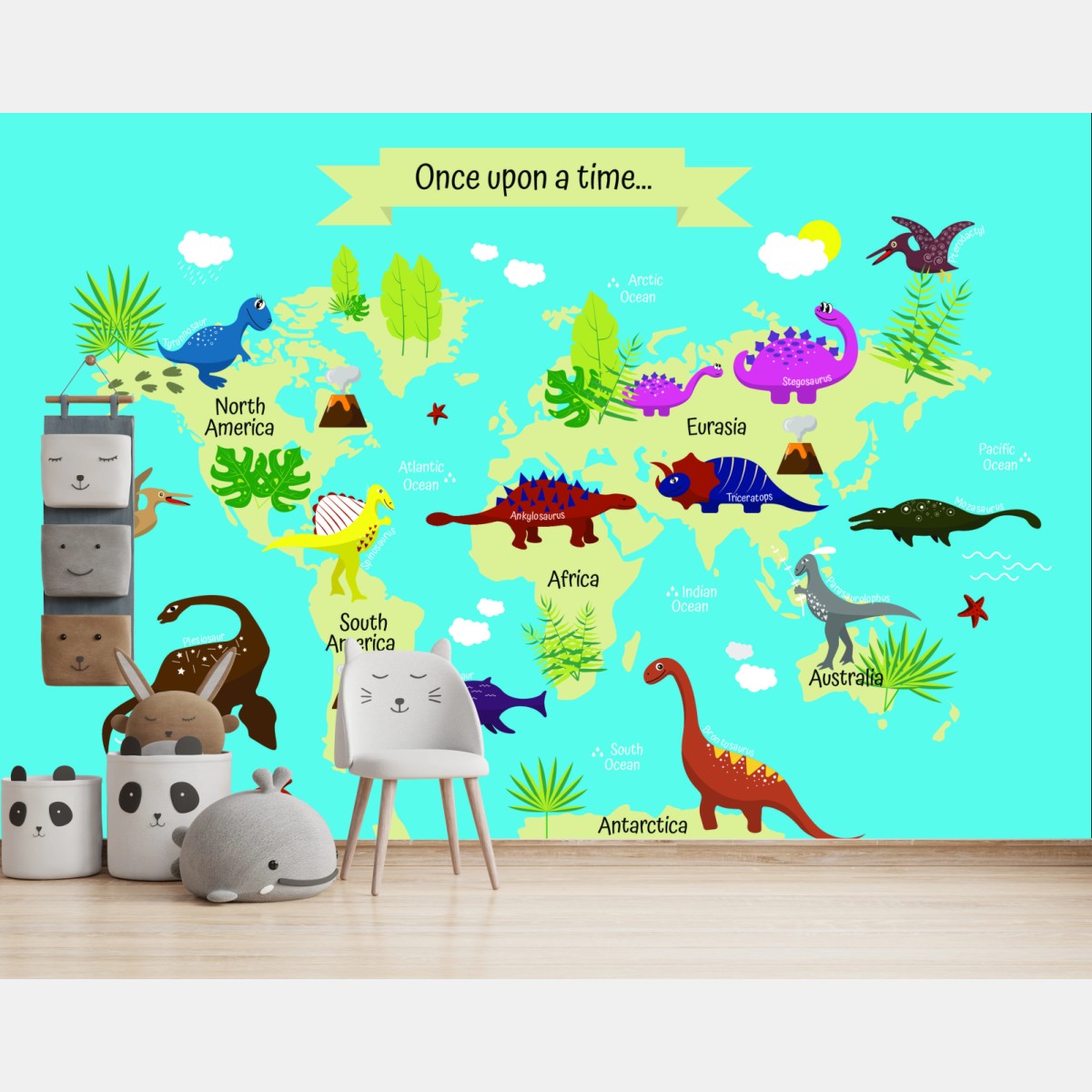 Fototapete bunte weltkarte mit dinosauriern – Wallnifity®