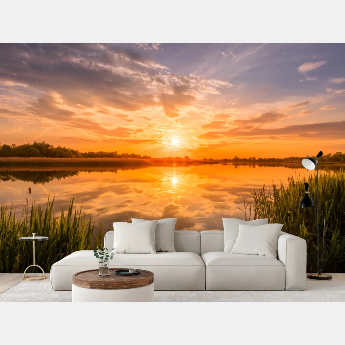 Fototapete goldener sonnenuntergang über idyllischem see – Wallnifity® Fototapete goldener sonnenuntergang über idyllischem see – Wallnifity®