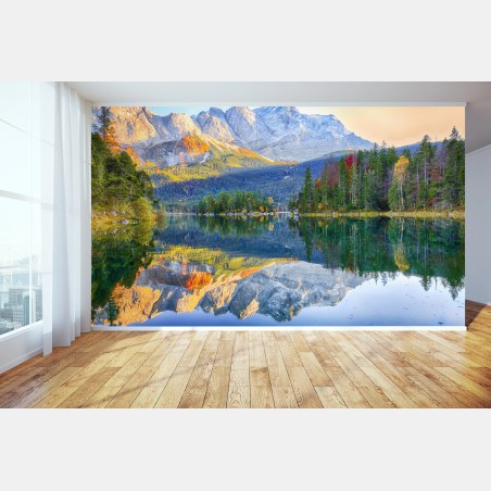 Fototapete herbstliche spiegelung am Eibsee bei Zugspitze – Wallnifity®
