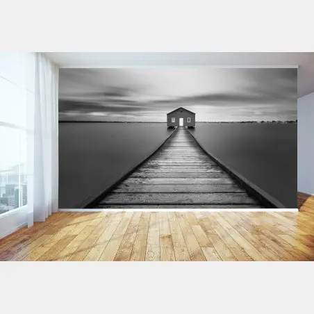 Fototapete einsames bootshaus am ruhigen steg – Wallnifity®
