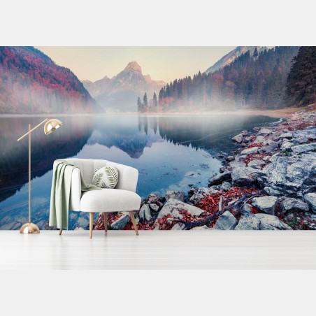 Fototapete nebliger herbstmorgen am Obersee, Schweizer Alpen – Wallnifity®