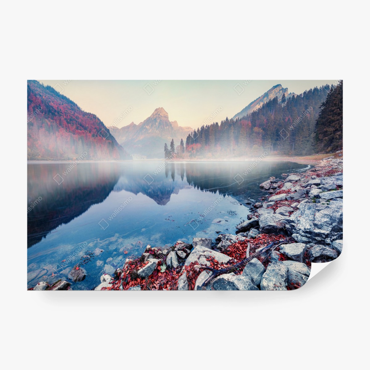 Fototapete nebliger herbstmorgen am Obersee, Schweizer Alpen – Wallnifity®