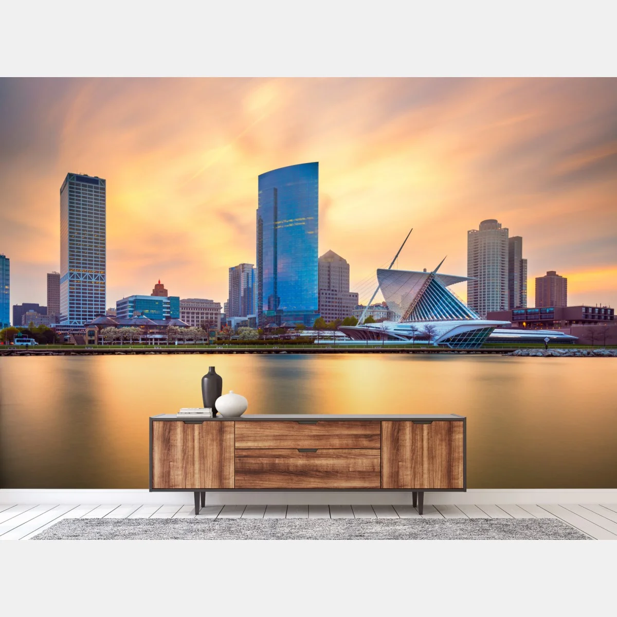 Fototapete Milwaukee skyline bei dämmerung – Wallnifity® Fototapete Milwaukee skyline bei dämmerung – Wallnifity®