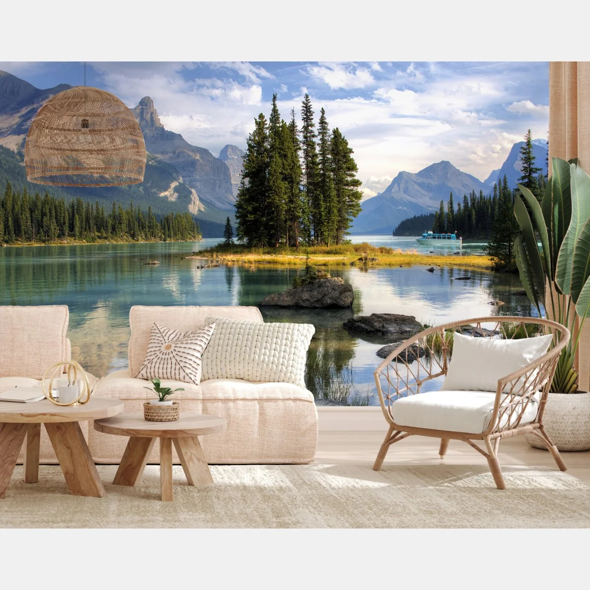 Fototapete ruhiger alpensee mit insel und bergen – Wallnifity® Fototapete ruhiger alpensee mit insel und bergen – Wallnifity®
