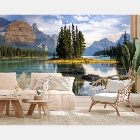 Fototapete ruhiger alpensee mit insel und bergen – Wallnifity®