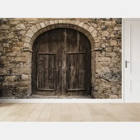 Fototapete rustikale holztür mit steinbogen – Wallnifity®