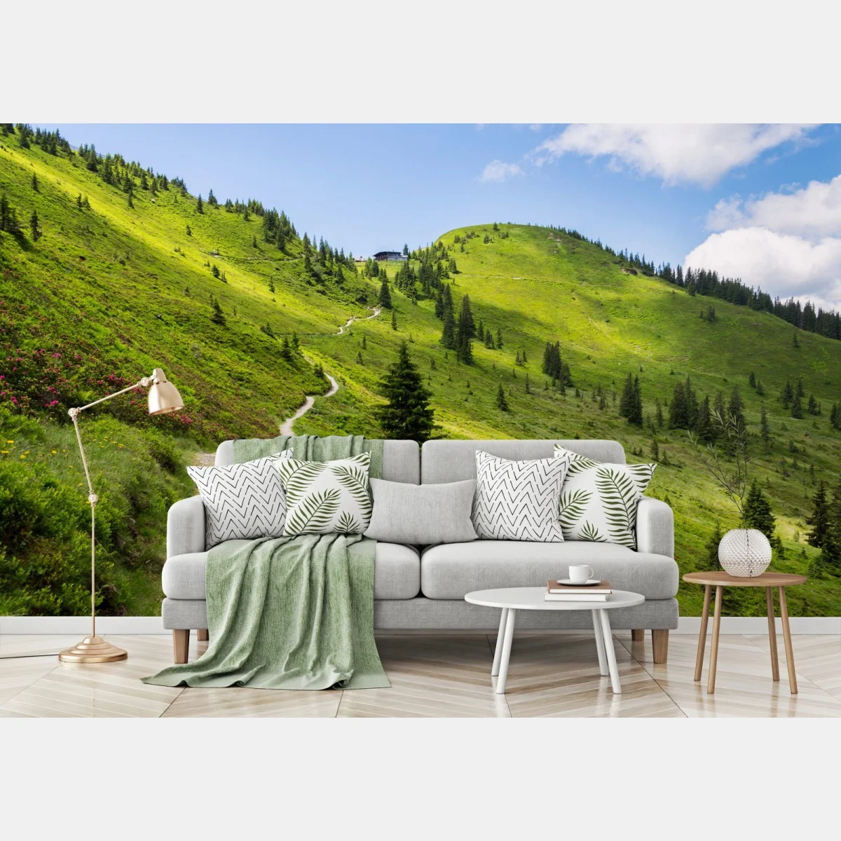 Fototapete sonniger bergpfad durch grüne wiese – Wallnifity® Fototapete sonniger bergpfad durch grüne wiese – Wallnifity®