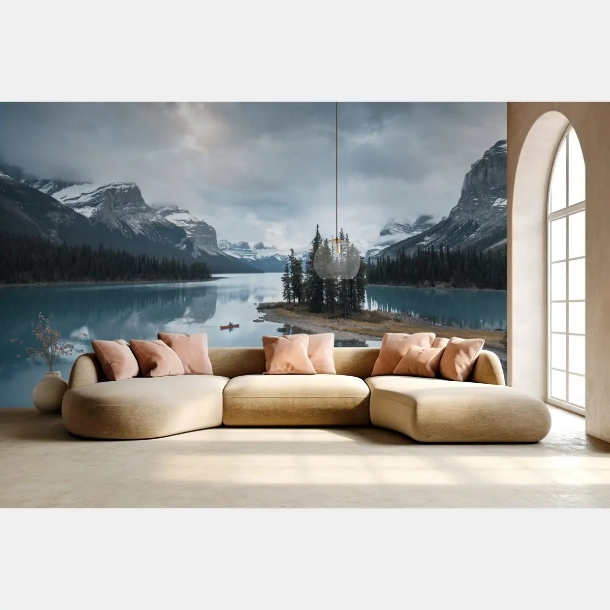 Fototapete ruhiger alpensee mit insel und kajak – Wallnifity®