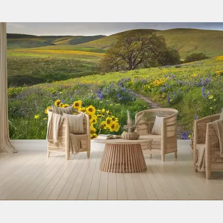 Fototapete pfad durch blumenwiese mit eichenbaum – Wallnifity®